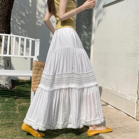 温柔风镂空流苏边显瘦半身裙女春季高腰褶皱宽松层层蛋糕裙潮  服裝批發女裝批發服飾貨源