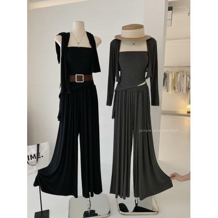 春季新款韩系设计感高级感针织开衫抹胸高腰阔腿裤时尚套装女  服裝批發女裝批發服飾貨源