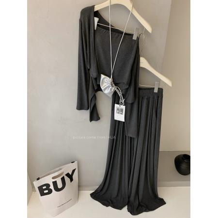 春季新款韩系设计感高级感针织开衫抹胸高腰阔腿裤时尚套装女  服裝批發女裝批發服飾貨源