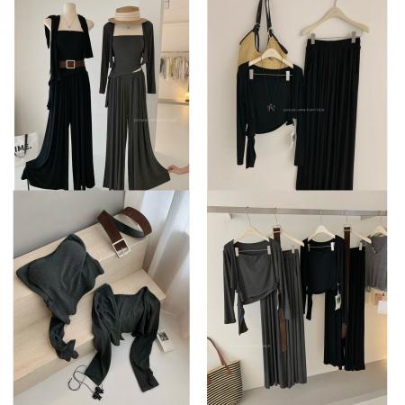 春季新款韩系设计感高级感针织开衫抹胸高腰阔腿裤时尚套装女  服裝批發女裝批發服飾貨源