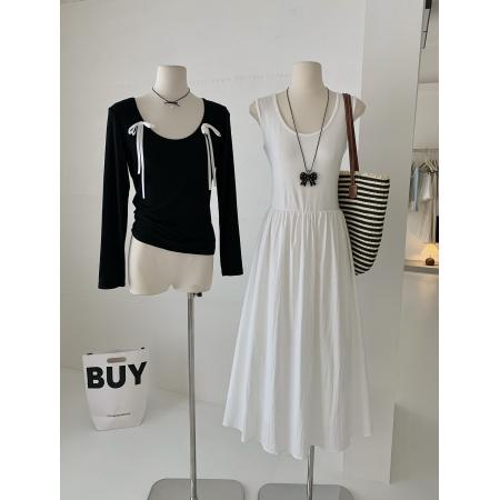 春季新款法式复古赫本风气质蝴蝶结T恤+连衣裙长裙两件套装女  服裝批發女裝批發服飾貨源