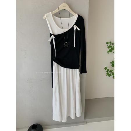 春季新款法式复古赫本风气质蝴蝶结T恤+连衣裙长裙两件套装女  服裝批發女裝批發服飾貨源