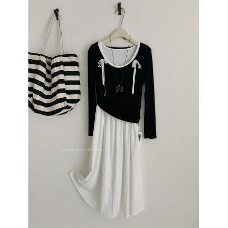 春季新款法式复古赫本风气质蝴蝶结T恤+连衣裙长裙两件套装女  服裝批發女裝批發服飾貨源