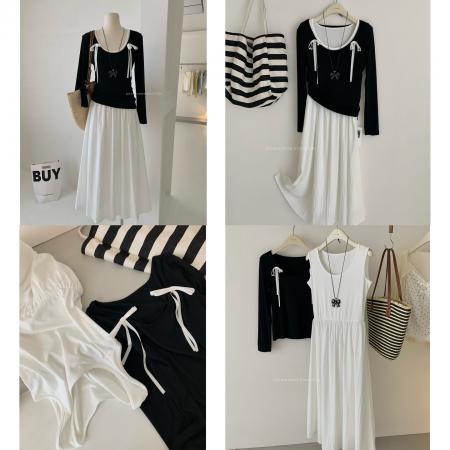 春季新款法式复古赫本风气质蝴蝶结T恤+连衣裙长裙两件套装女  服裝批發女裝批發服飾貨源