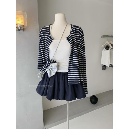 日系慵懒松弛感条纹开衫女春季美背露肩内搭背心针织衫两件套  服裝批發女裝批發服飾貨源