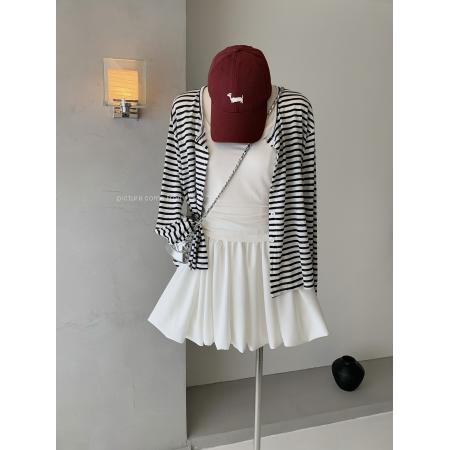 日系慵懒松弛感条纹开衫女春季美背露肩内搭背心针织衫两件套  服裝批發女裝批發服飾貨源