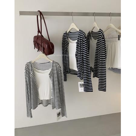 日系慵懒松弛感条纹开衫女春季美背露肩内搭背心针织衫两件套  服裝批發女裝批發服飾貨源