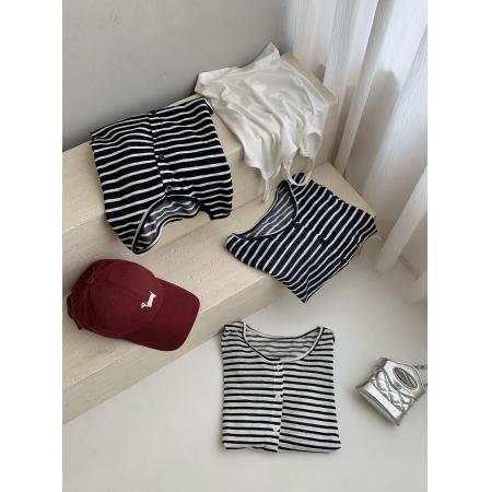 日系慵懒松弛感条纹开衫女春季美背露肩内搭背心针织衫两件套  服裝批發女裝批發服飾貨源