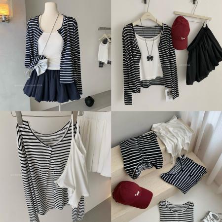 日系慵懒松弛感条纹开衫女春季美背露肩内搭背心针织衫两件套  服裝批發女裝批發服飾貨源