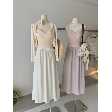 JeJuna炸鸡欧尼粉果气泡温柔小韩粉色网纱拼接吊带开衫系带半裙  服裝批發女裝批發服飾貨源