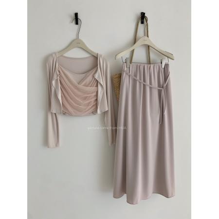 JeJuna炸鸡欧尼粉果气泡温柔小韩粉色网纱拼接吊带开衫系带半裙  服裝批發女裝批發服飾貨源