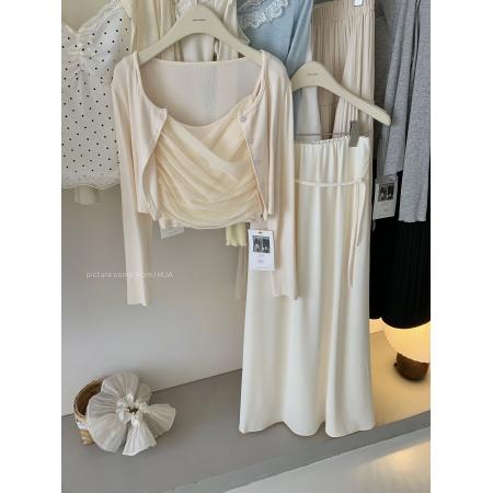 JeJuna炸鸡欧尼粉果气泡温柔小韩粉色网纱拼接吊带开衫系带半裙  服裝批發女裝批發服飾貨源