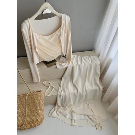 JeJuna炸鸡欧尼粉果气泡温柔小韩粉色网纱拼接吊带开衫系带半裙  服裝批發女裝批發服飾貨源