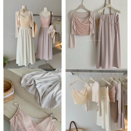 JeJuna炸鸡欧尼粉果气泡温柔小韩粉色网纱拼接吊带开衫系带半裙  服裝批發女裝批發服飾貨源