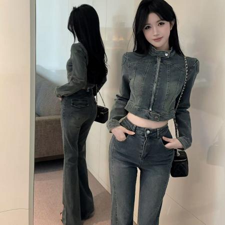 辣妹牛仔套装复古拉链设计感短款外套修身阔腿喇叭长裤两件套  服裝批發女裝批發服飾貨源