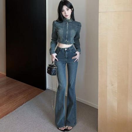辣妹牛仔套装复古拉链设计感短款外套修身阔腿喇叭长裤两件套  服裝批發女裝批發服飾貨源