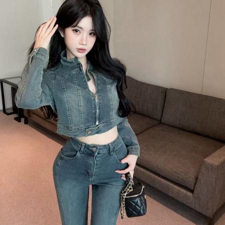 辣妹牛仔套装复古拉链设计感短款外套修身阔腿喇叭长裤两件套  服裝批發女裝批發服飾貨源