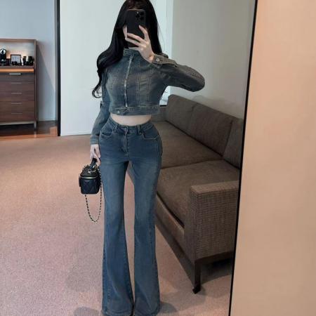 辣妹牛仔套装复古拉链设计感短款外套修身阔腿喇叭长裤两件套  服裝批發女裝批發服飾貨源