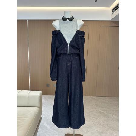 港风复古牛仔套装女设计感露肩假两件牛仔衣休闲裤两件套  服裝批發女裝批發服飾貨源