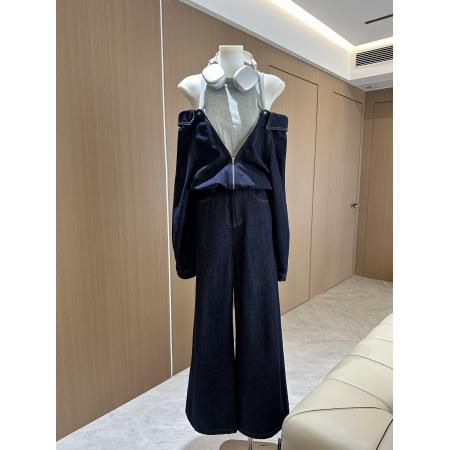 港风复古牛仔套装女设计感露肩假两件牛仔衣休闲裤两件套  服裝批發女裝批發服飾貨源