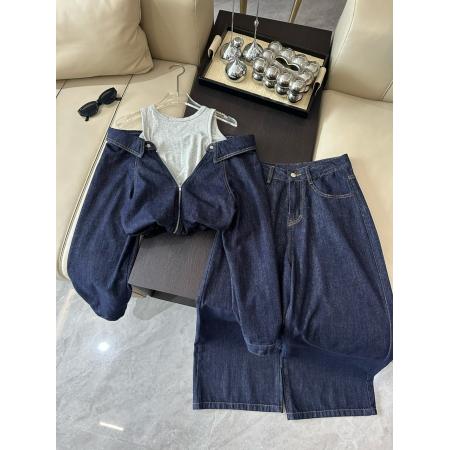 港风复古牛仔套装女设计感露肩假两件牛仔衣休闲裤两件套  服裝批發女裝批發服飾貨源