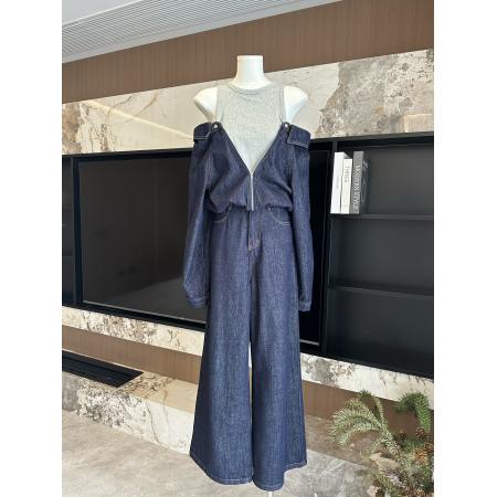 港风复古牛仔套装女设计感露肩假两件牛仔衣休闲裤两件套  服裝批發女裝批發服飾貨源