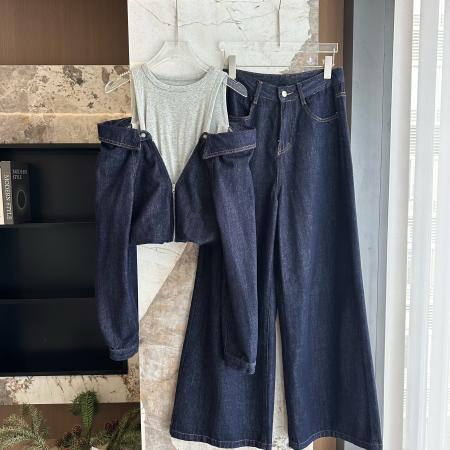 港风复古牛仔套装女设计感露肩假两件牛仔衣休闲裤两件套  服裝批發女裝批發服飾貨源