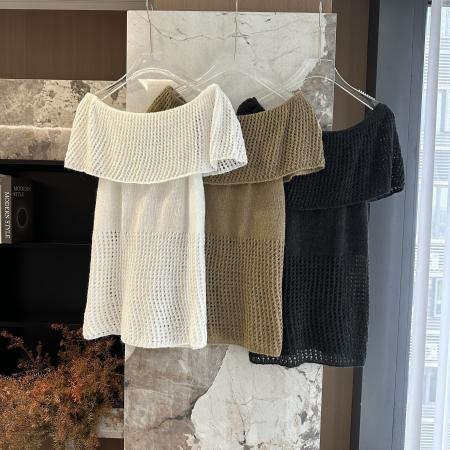 马海羊毛镂空一字肩领针织罩衫宽松露肩蓬松上衣  服裝批發女裝批發服飾貨源