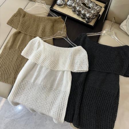 马海羊毛镂空一字肩领针织罩衫宽松露肩蓬松上衣  服裝批發女裝批發服飾貨源
