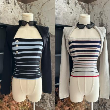 吴太甜条纹撞色复古手缝扣抹胸上衣女披肩小开衫两件套  服裝批發女裝批發服飾貨源