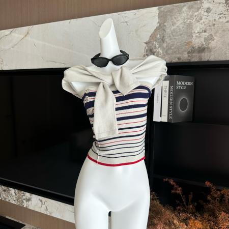 吴太甜条纹撞色复古手缝扣抹胸上衣女披肩小开衫两件套  服裝批發女裝批發服飾貨源