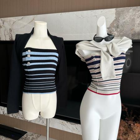 吴太甜条纹撞色复古手缝扣抹胸上衣女披肩小开衫两件套  服裝批發女裝批發服飾貨源