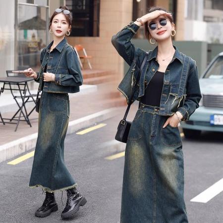 欧货流行牛仔套装女秋季新款高端设计感时尚炸街减龄两件套裙  服裝批發女裝批發服飾貨源