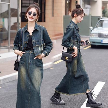 欧货流行牛仔套装女秋季新款高端设计感时尚炸街减龄两件套裙  服裝批發女裝批發服飾貨源