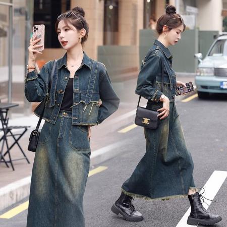 欧货流行牛仔套装女秋季新款高端设计感时尚炸街减龄两件套裙  服裝批發女裝批發服飾貨源