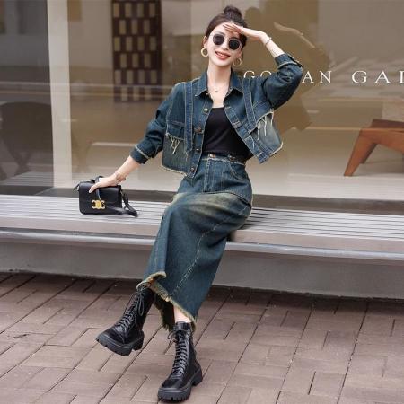 欧货流行牛仔套装女秋季新款高端设计感时尚炸街减龄两件套裙  服裝批發女裝批發服飾貨源
