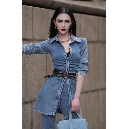 牛仔套装女秋季新款女装时尚气质POLO领衬衫阔脚裤两件套潮  服裝批發女裝批發服飾貨源