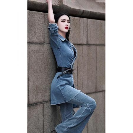 牛仔套装女秋季新款女装时尚气质POLO领衬衫阔脚裤两件套潮  服裝批發女裝批發服飾貨源