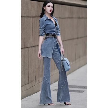 牛仔套装女秋季新款女装时尚气质POLO领衬衫阔脚裤两件套潮  服裝批發女裝批發服飾貨源