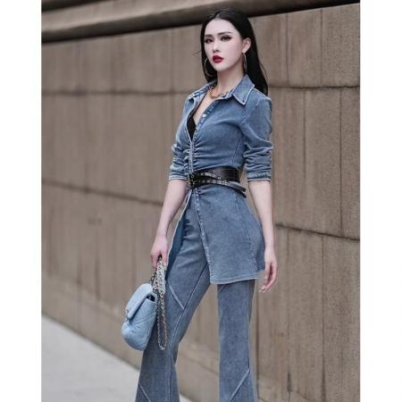 牛仔套装女秋季新款女装时尚气质POLO领衬衫阔脚裤两件套潮  服裝批發女裝批發服飾貨源