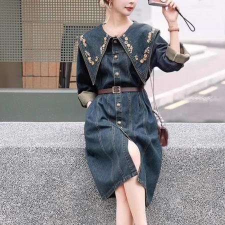 秋季重工刺绣复古百搭牛仔连衣裙...