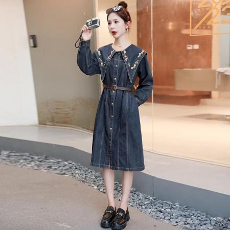 秋季重工刺绣复古百搭牛仔连衣裙新款高端洋气显瘦小个子外套  服裝批發女裝批發服飾貨源