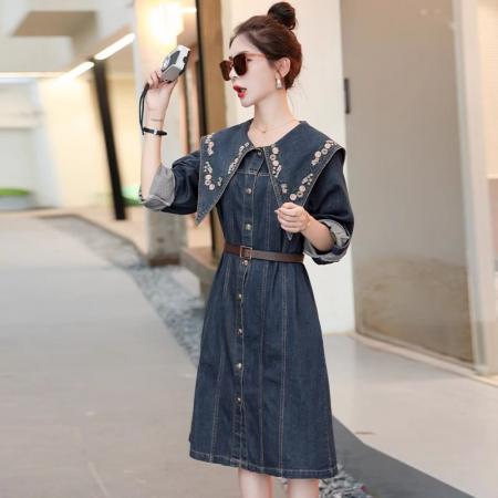 秋季重工刺绣复古百搭牛仔连衣裙新款高端洋气显瘦小个子外套  服裝批發女裝批發服飾貨源