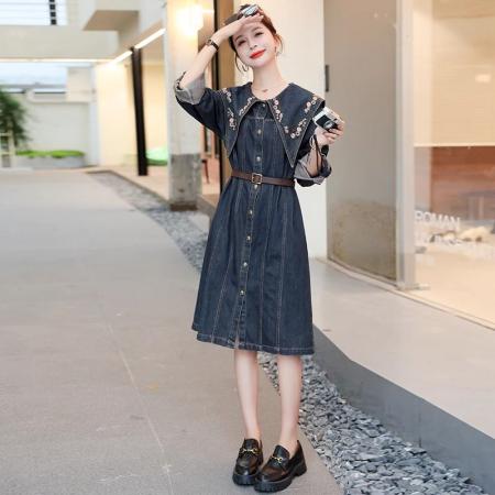 秋季重工刺绣复古百搭牛仔连衣裙新款高端洋气显瘦小个子外套  服裝批發女裝批發服飾貨源