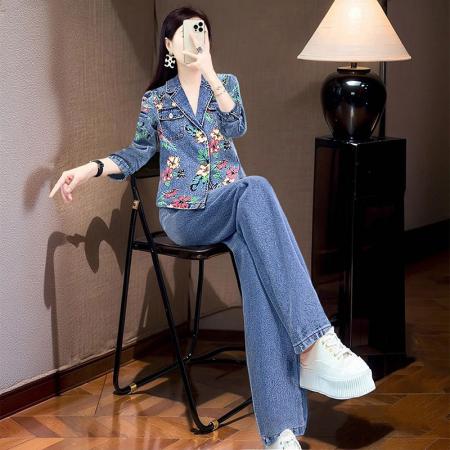 时尚印花牛仔套装新款名媛气质潮流女神范洋气时髦阔腿裤两件套女  服裝批發女裝批發服飾貨源