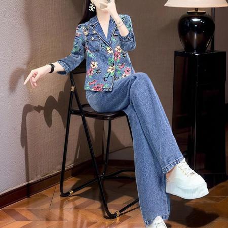 时尚印花牛仔套装新款名媛气质潮流女神范洋气时髦阔腿裤两件套女  服裝批發女裝批發服飾貨源