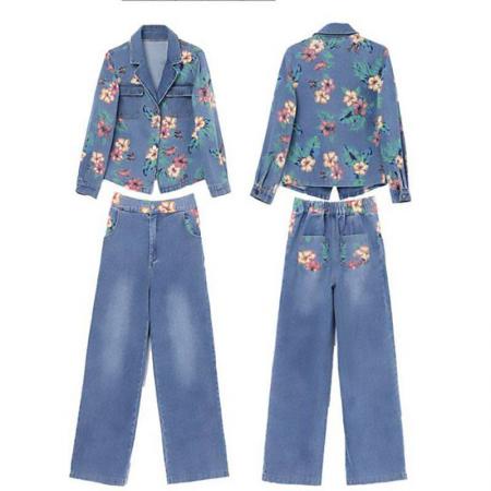 时尚印花牛仔套装新款名媛气质潮流女神范洋气时髦阔腿裤两件套女  服裝批發女裝批發服飾貨源
