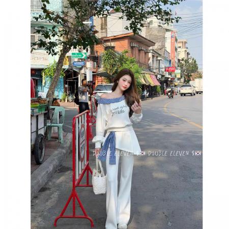 原创蓝色条纹翻领斜肩字母印花长袖+阔腿裤两件套装女  服裝批發女裝批發服飾貨源