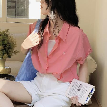 韩版宽松显瘦polo领衬衫女夏季法式独特小上衣短袖衬衫  服裝批發女裝批發服飾貨源