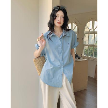 韩版宽松显瘦polo领衬衫女夏季法式独特小上衣短袖衬衫  服裝批發女裝批發服飾貨源